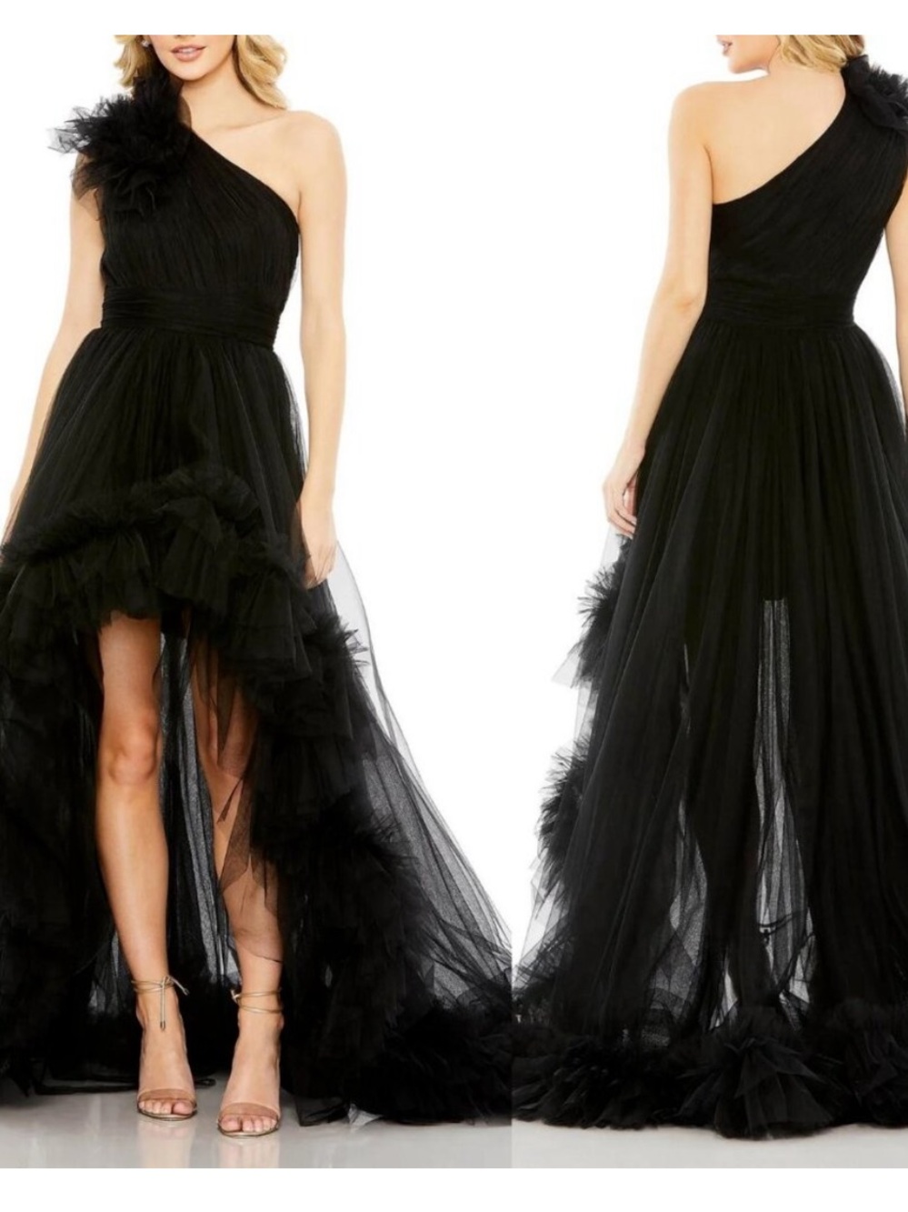 NWT MAC DUGGAL RUFFLED ONE SHOULDER HIGH LOW TULLE GOWN BLACK SZ 12 20412 $998
